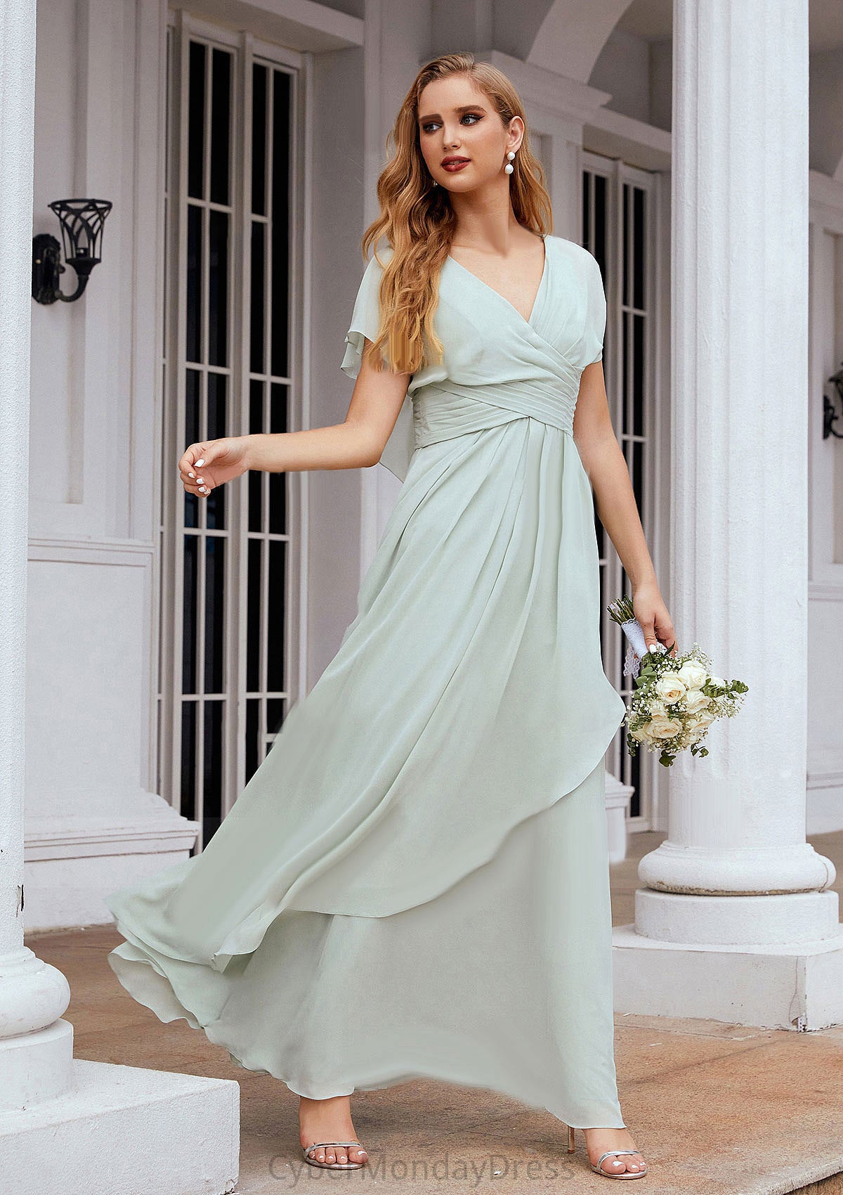 A-line V Neck Short Sleeve Chiffon Long/Floor-Length Bridesmaid Dresses With Pleated Ruffles Alana DTP0025626