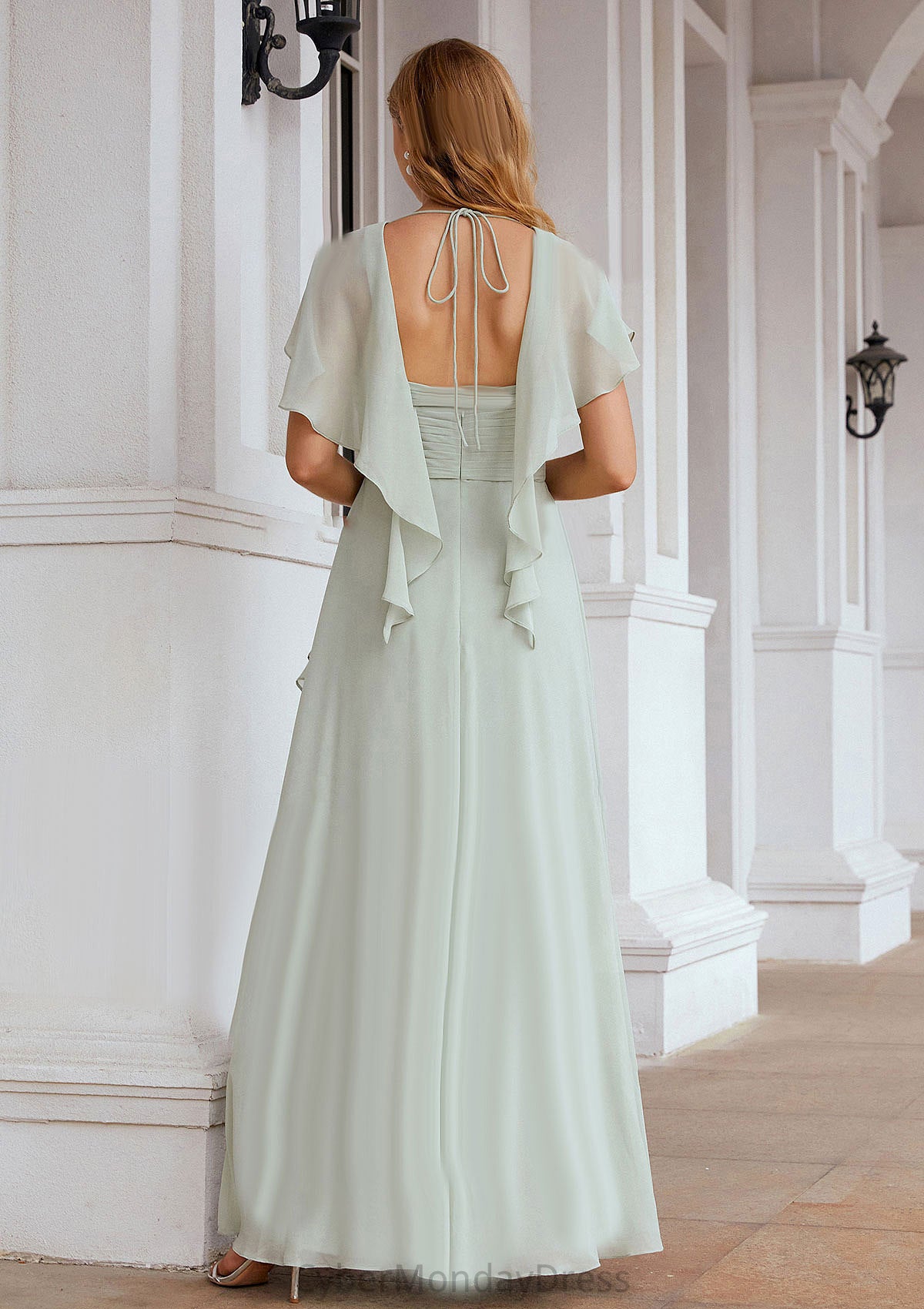 A-line V Neck Short Sleeve Chiffon Long/Floor-Length Bridesmaid Dresses With Pleated Ruffles Alana DTP0025626