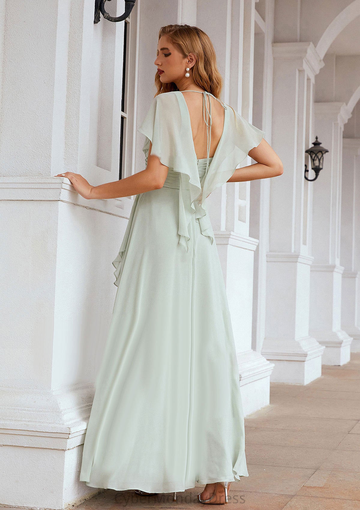 A-line V Neck Short Sleeve Chiffon Long/Floor-Length Bridesmaid Dresses With Pleated Ruffles Alana DTP0025626