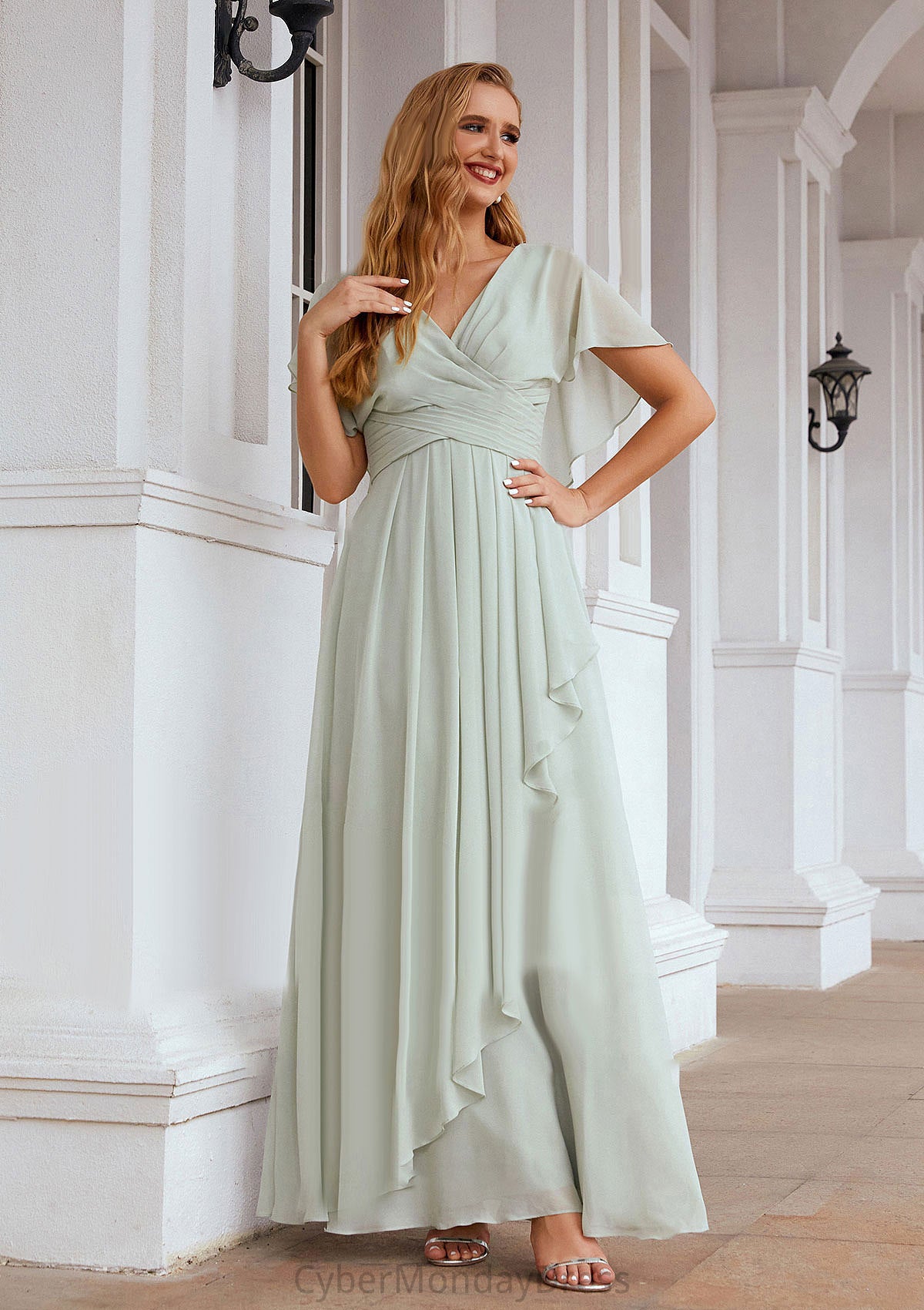 A-line V Neck Short Sleeve Chiffon Long/Floor-Length Bridesmaid Dresses With Pleated Ruffles Alana DTP0025626