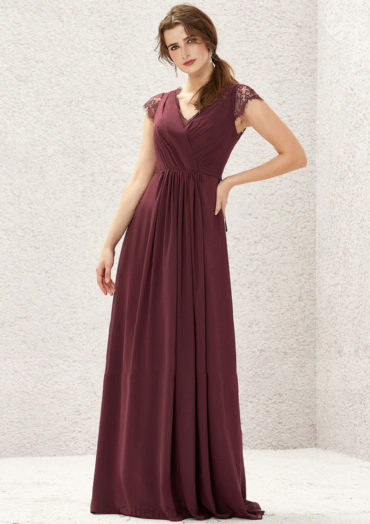 A-line V Neck Sleeveless Chiffon Long/Floor-Length Bridesmaid Dresses With Pleated Lace Norma DTP0025627