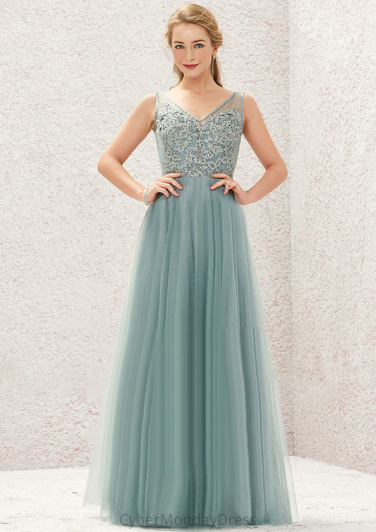 A-line V Neck Sleeveless Tulle Long/Floor-Length Bridesmaid Dresses With Lace Karla DTP0025628