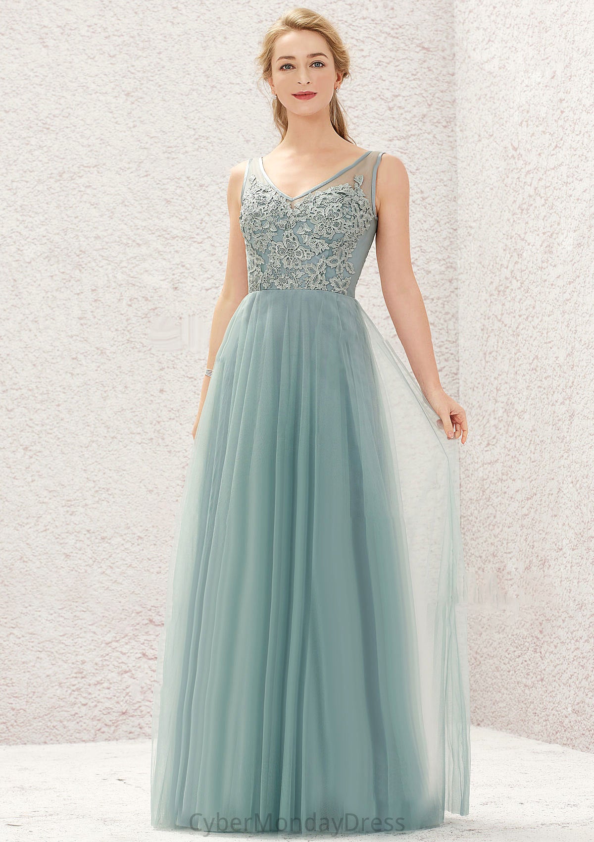 A-line V Neck Sleeveless Tulle Long/Floor-Length Bridesmaid Dresses With Lace Karla DTP0025628