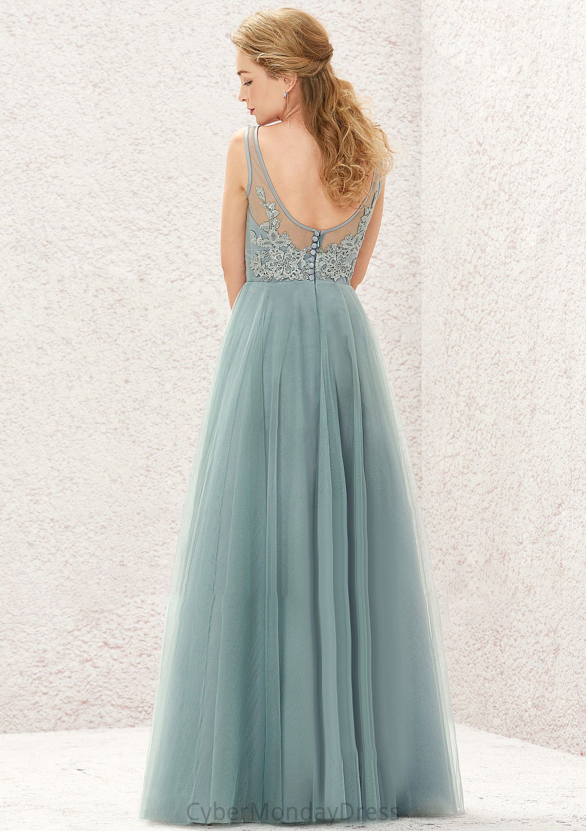 A-line V Neck Sleeveless Tulle Long/Floor-Length Bridesmaid Dresses With Lace Karla DTP0025628