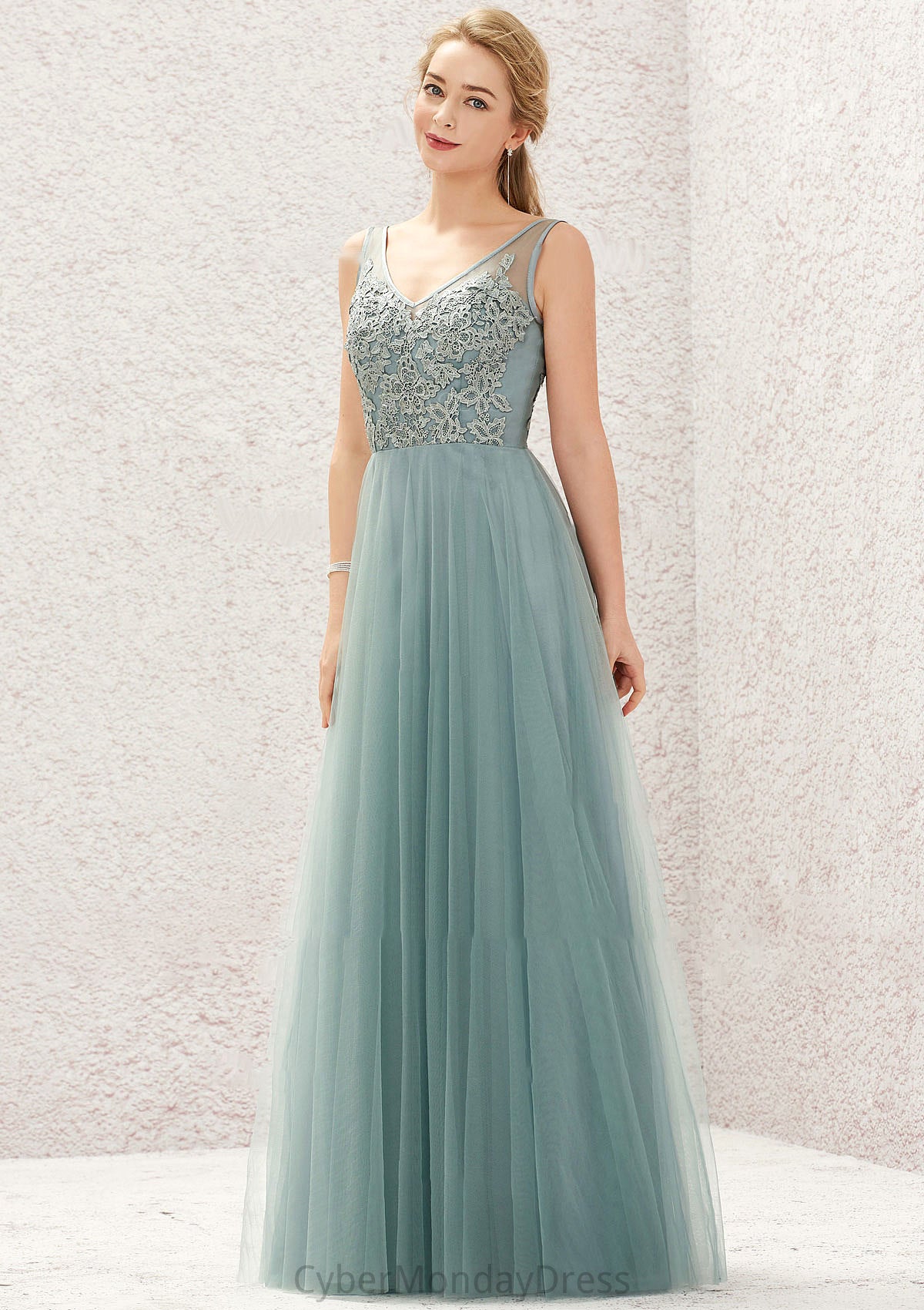 A-line V Neck Sleeveless Tulle Long/Floor-Length Bridesmaid Dresses With Lace Karla DTP0025628