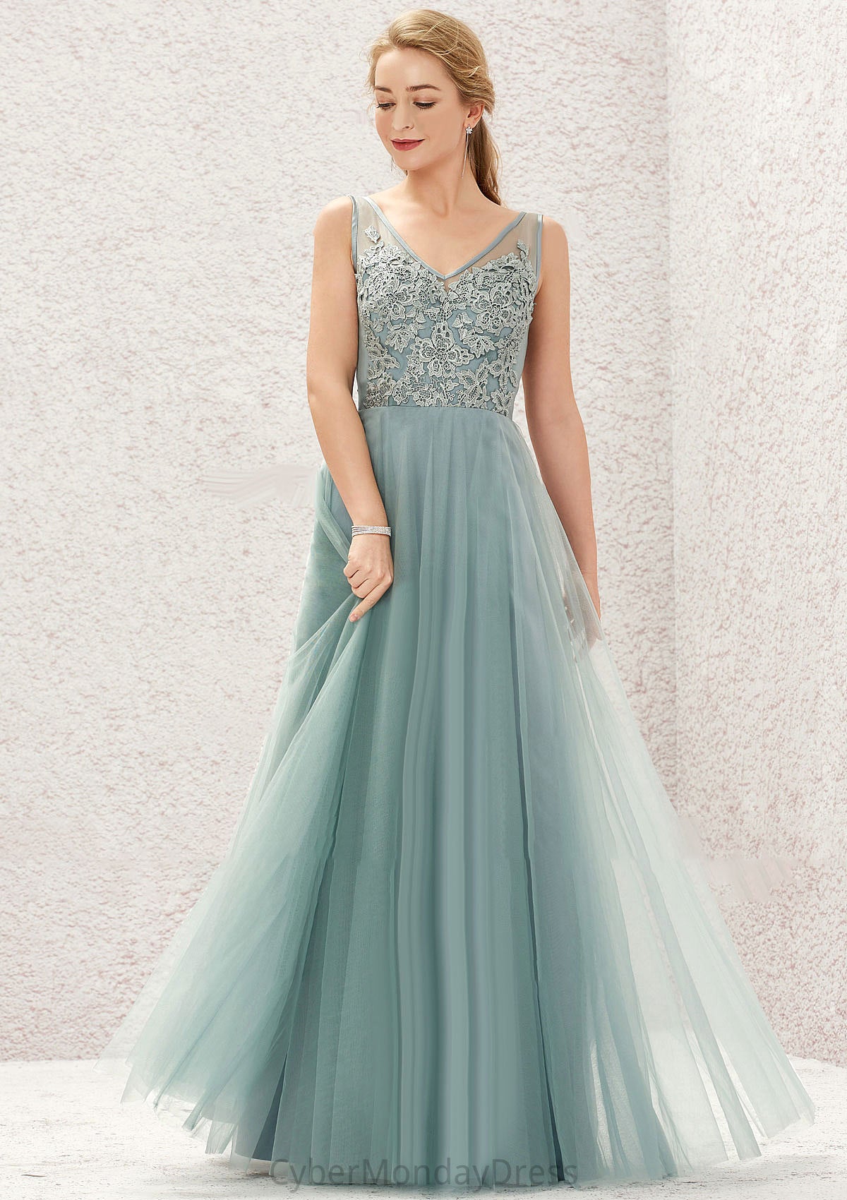 A-line V Neck Sleeveless Tulle Long/Floor-Length Bridesmaid Dresses With Lace Karla DTP0025628