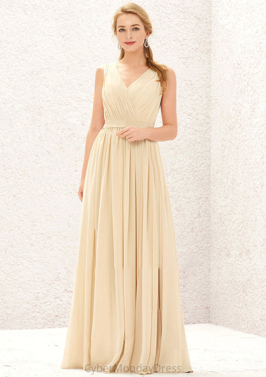 A-line V Neck Sleeveless Chiffon Long/Floor-Length Bridesmaid Dresses With Appliqued Sashes Pleated Elise DTP0025630