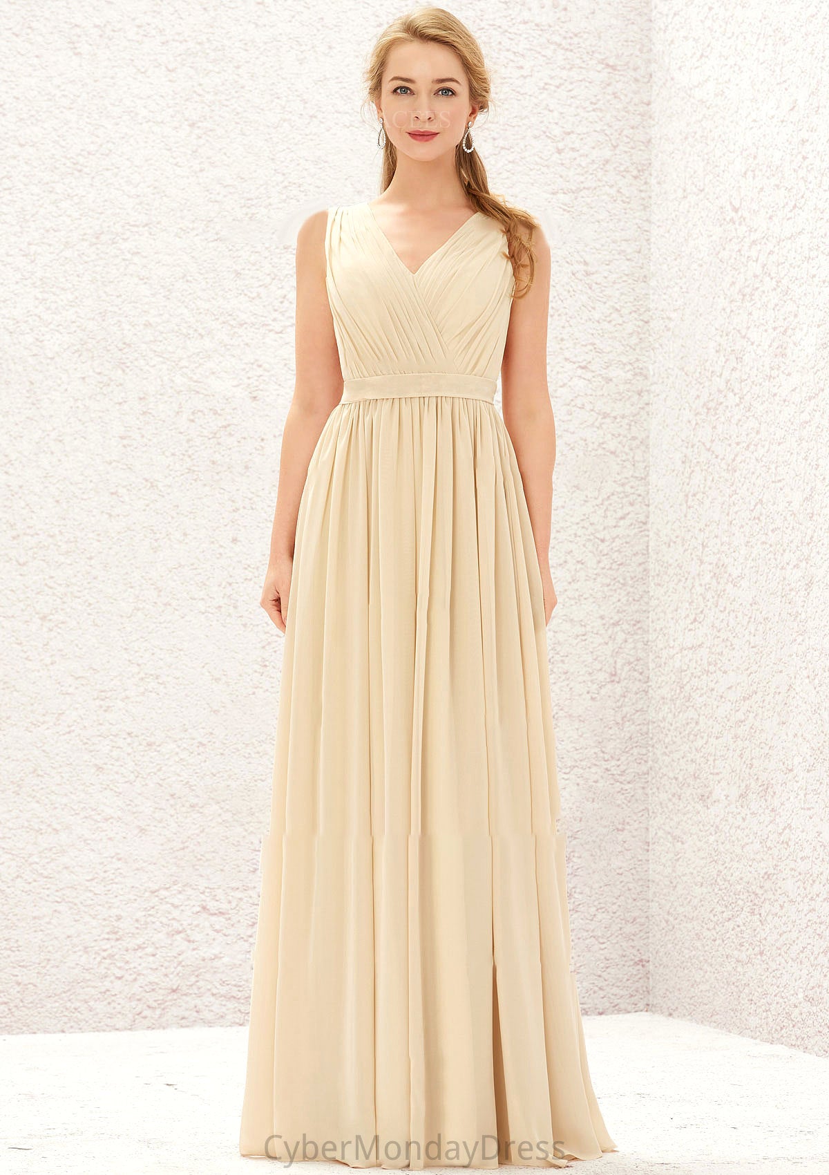 A-line V Neck Sleeveless Chiffon Long/Floor-Length Bridesmaid Dresses With Appliqued Sashes Pleated Elise DTP0025630