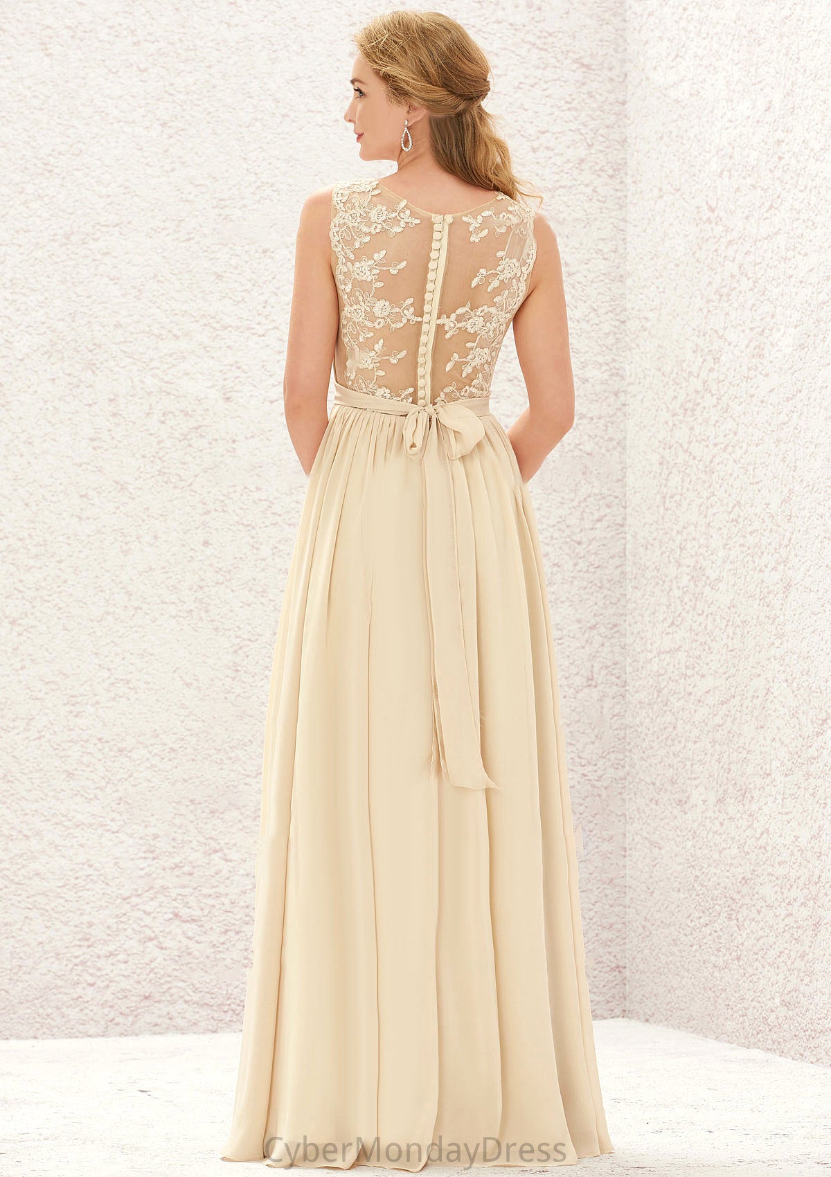 A-line V Neck Sleeveless Chiffon Long/Floor-Length Bridesmaid Dresses With Appliqued Sashes Pleated Elise DTP0025630