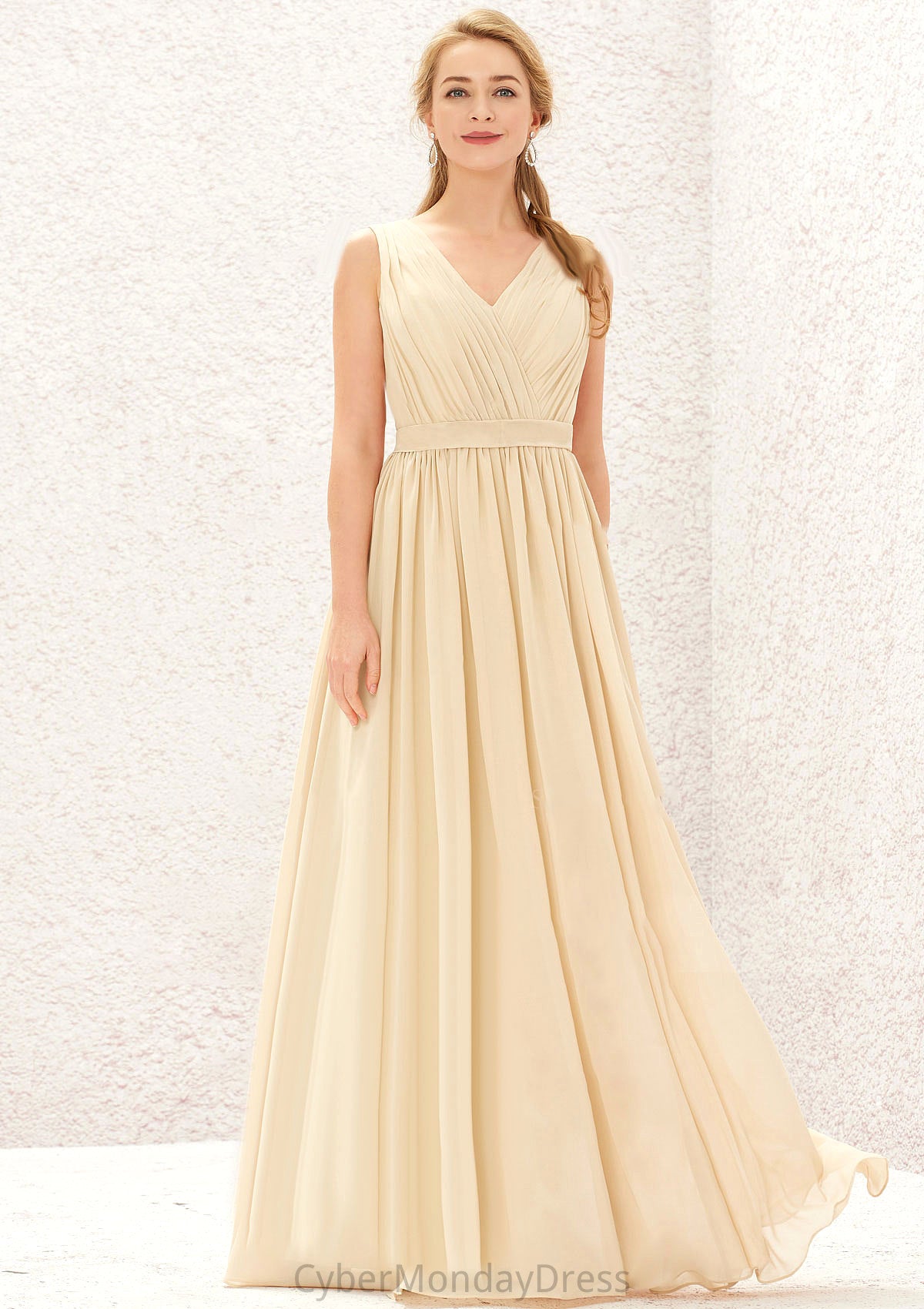 A-line V Neck Sleeveless Chiffon Long/Floor-Length Bridesmaid Dresses With Appliqued Sashes Pleated Elise DTP0025630