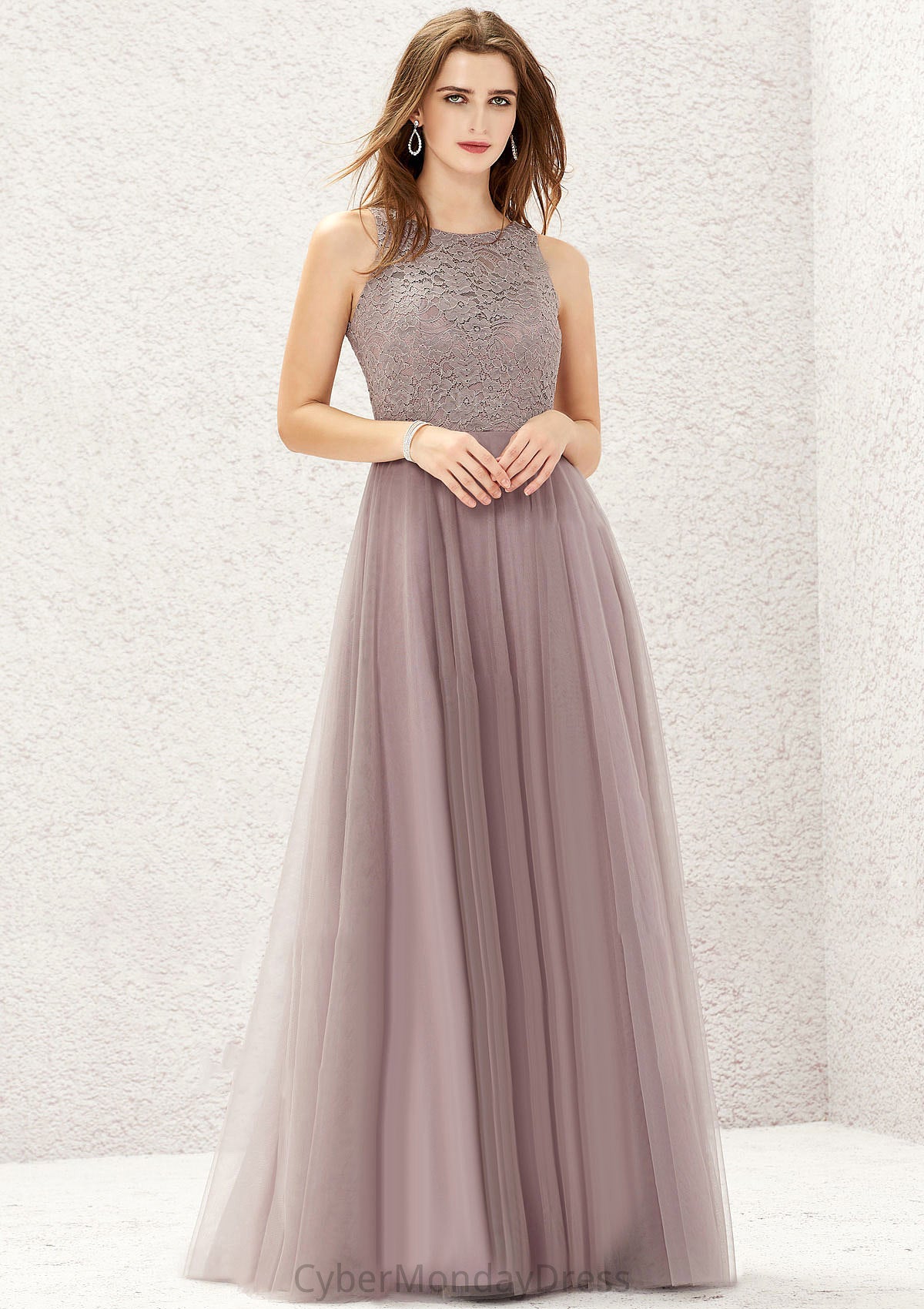 A-line Scoop Neck Sleeveless Lace Tulle Long/Floor-Length Bridesmaid Dresses Pancy DTP0025631