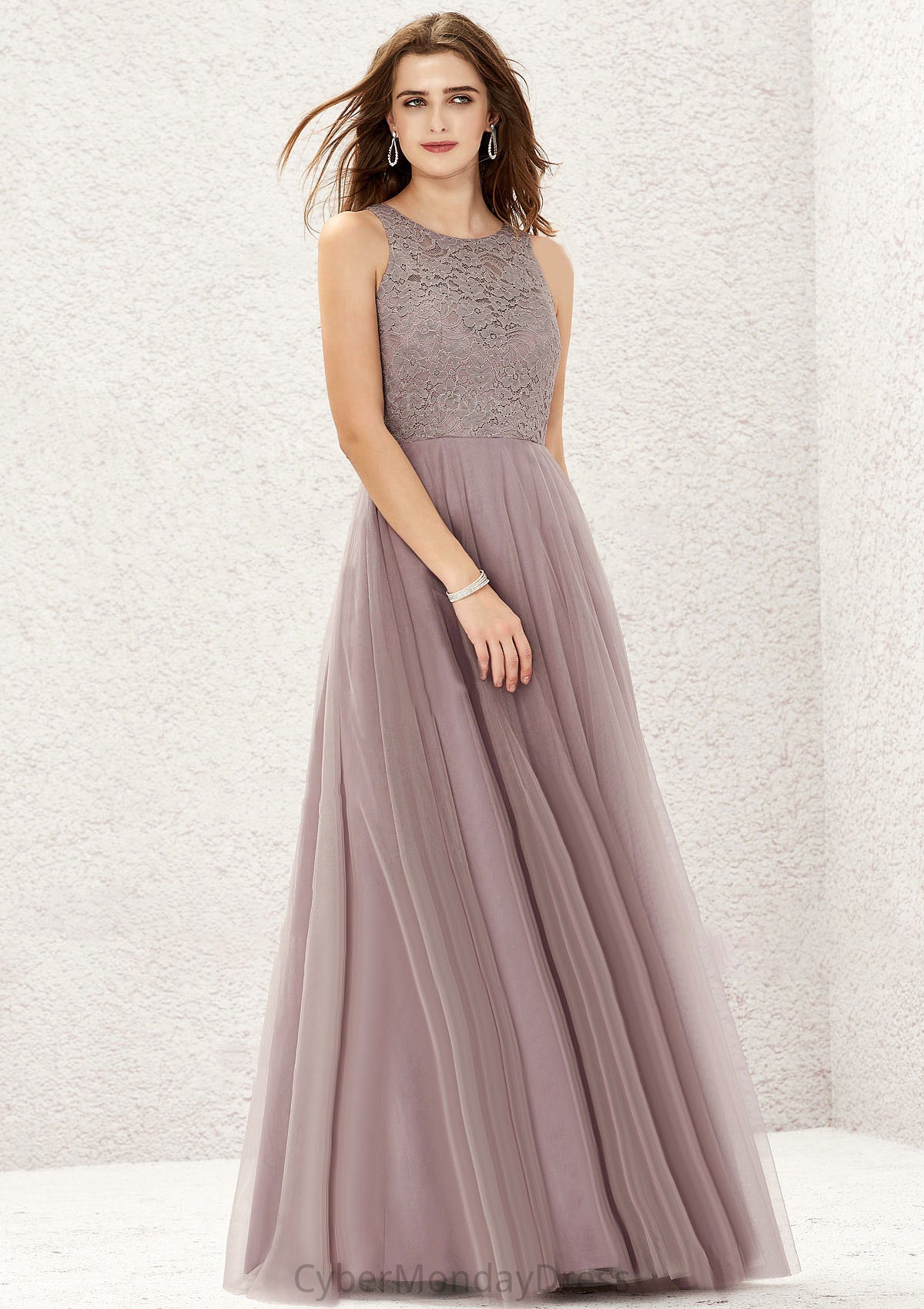 A-line Scoop Neck Sleeveless Lace Tulle Long/Floor-Length Bridesmaid Dresses Pancy DTP0025631