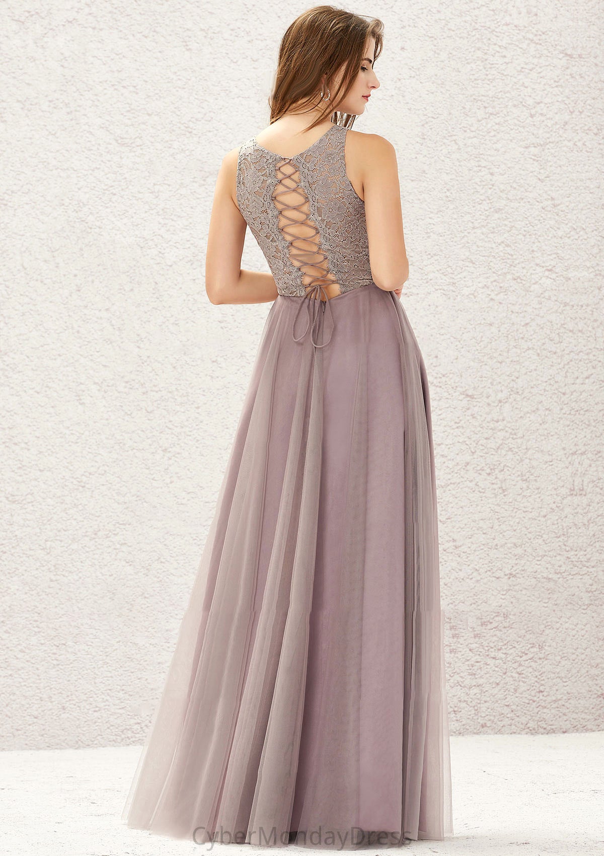 A-line Scoop Neck Sleeveless Lace Tulle Long/Floor-Length Bridesmaid Dresses Pancy DTP0025631