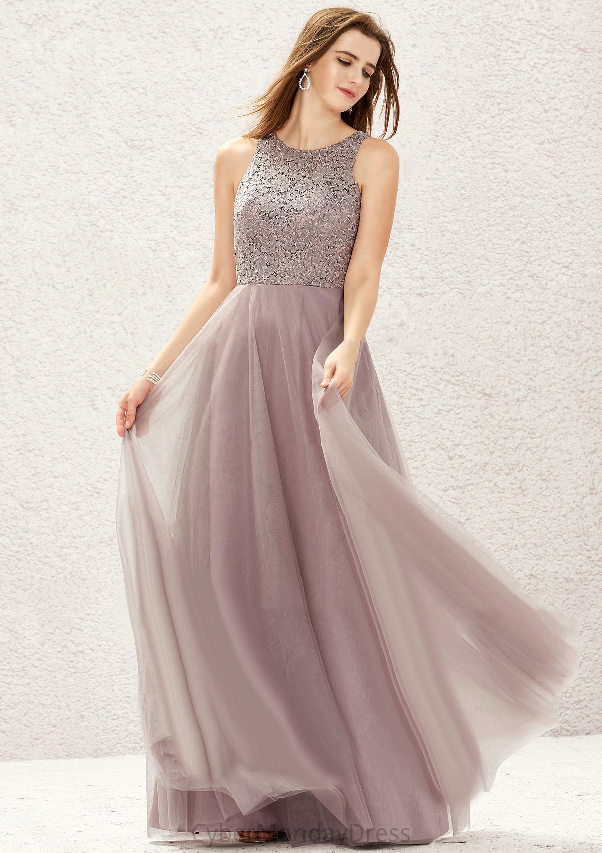 A-line Scoop Neck Sleeveless Lace Tulle Long/Floor-Length Bridesmaid Dresses Pancy DTP0025631