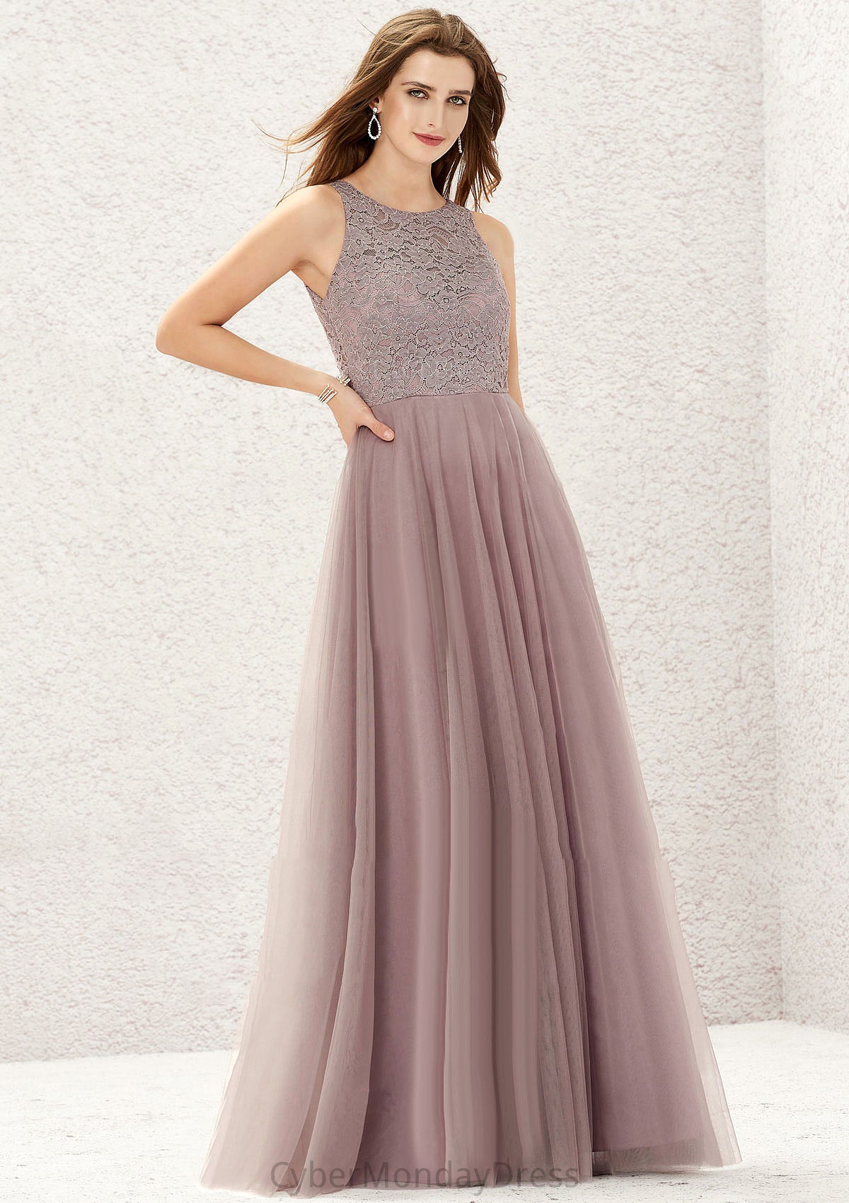 A-line Scoop Neck Sleeveless Lace Tulle Long/Floor-Length Bridesmaid Dresses Pancy DTP0025631