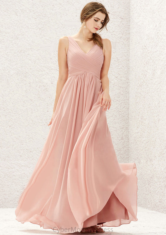 A-line V Neck Sleeveless Chiffon Long/Floor-Length Bridesmaid Dresses With Pleated Lorelei DTP0025632