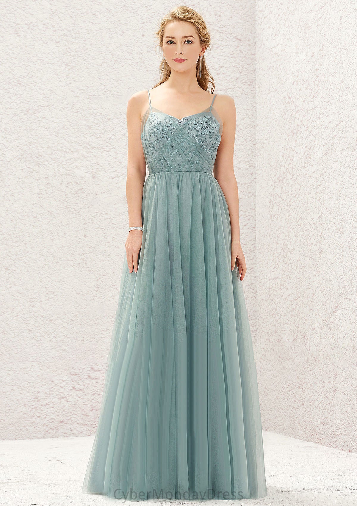 Princess A-line V Neck Sleeveless Tulle Long/Floor-Length Bridesmaid Dresses With Pleated Appliqued Pam DTP0025633