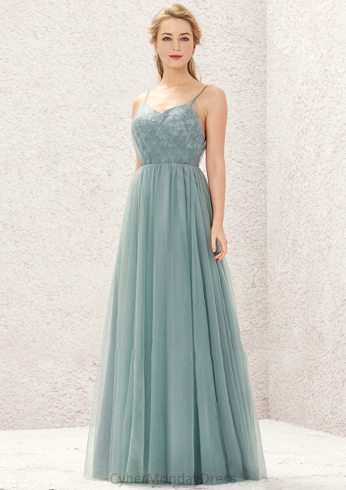 Princess A-line V Neck Sleeveless Tulle Long/Floor-Length Bridesmaid Dresses With Pleated Appliqued Pam DTP0025633