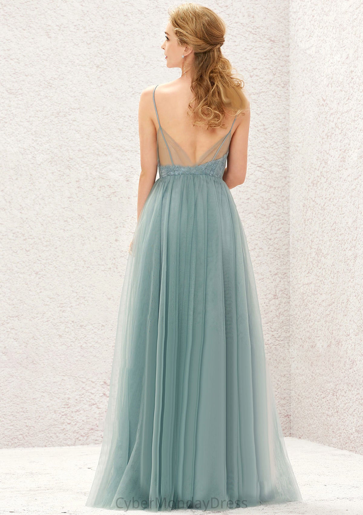 Princess A-line V Neck Sleeveless Tulle Long/Floor-Length Bridesmaid Dresses With Pleated Appliqued Pam DTP0025633