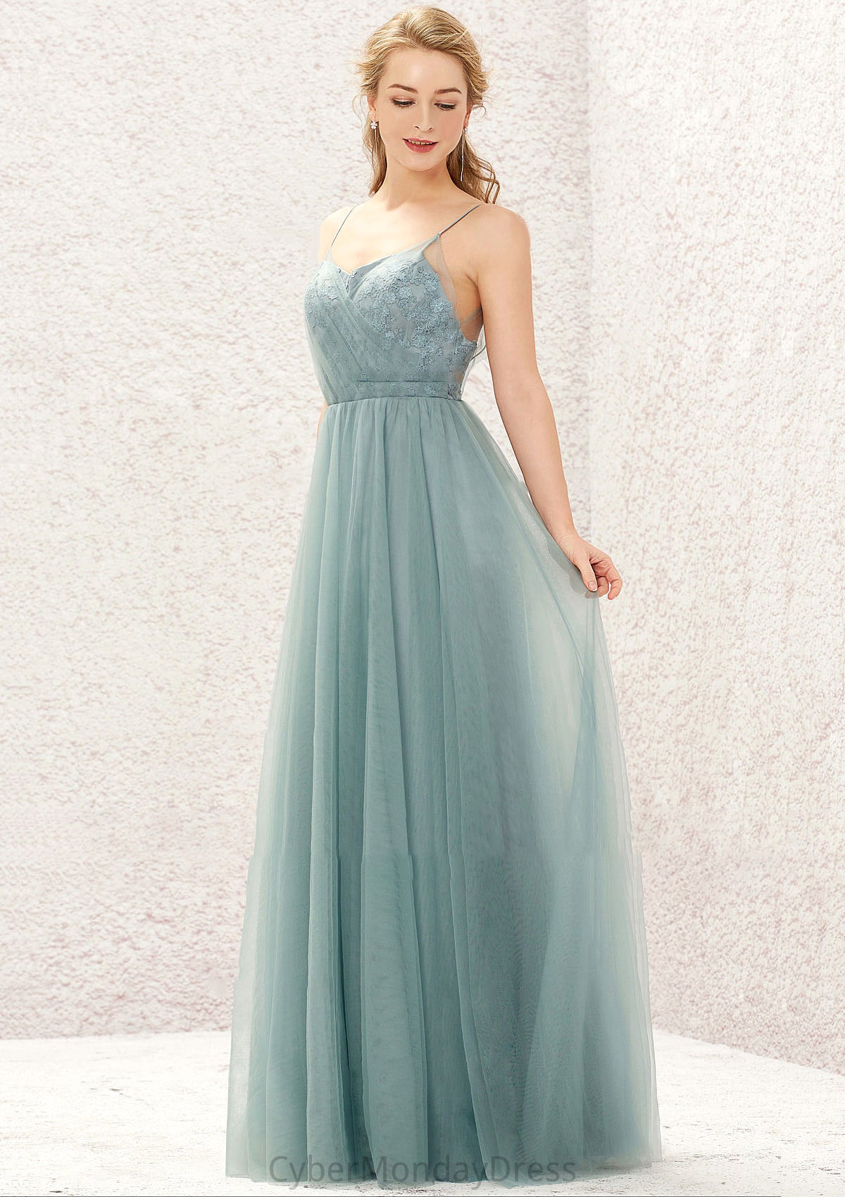 Princess A-line V Neck Sleeveless Tulle Long/Floor-Length Bridesmaid Dresses With Pleated Appliqued Pam DTP0025633