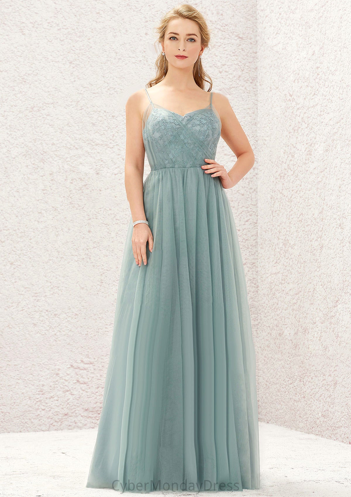 Princess A-line V Neck Sleeveless Tulle Long/Floor-Length Bridesmaid Dresses With Pleated Appliqued Pam DTP0025633