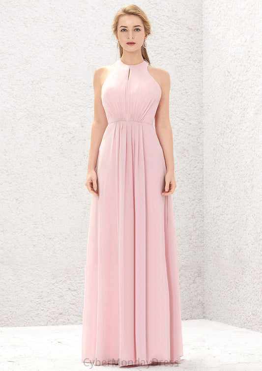 A-line Halter Sleeveless Chiffon Long/Floor-Length Bridesmaid Dresses With Pleated Kelsey DTP0025634