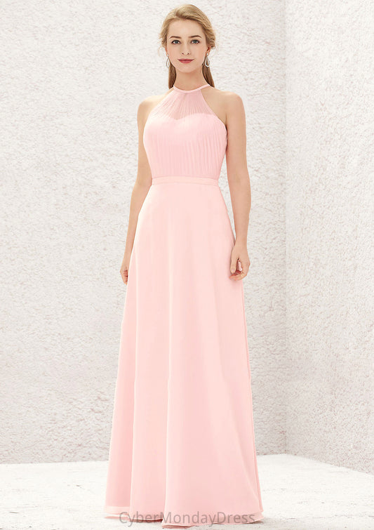 A-line Halter Sleeveless Chiffon Long/Floor-Length Bridesmaid Dresses Evangeline DTP0025635