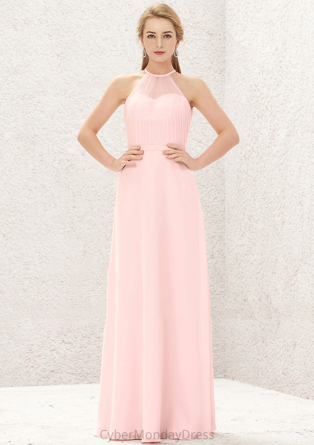 A-line Halter Sleeveless Chiffon Long/Floor-Length Bridesmaid Dresses Evangeline DTP0025635