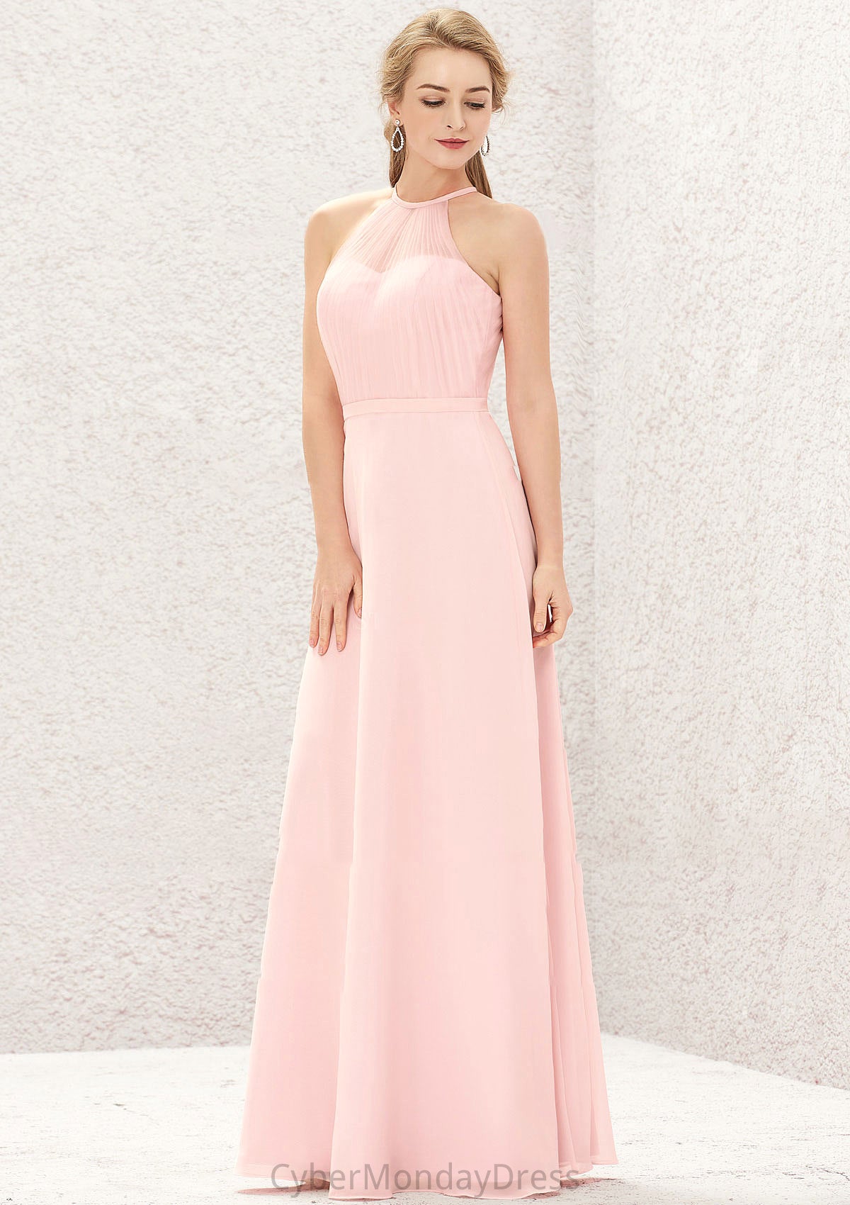 A-line Halter Sleeveless Chiffon Long/Floor-Length Bridesmaid Dresses Evangeline DTP0025635