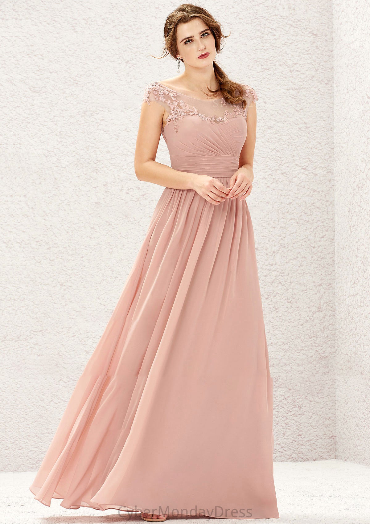 A-line Illusion Neck Sleeveless Chiffon Long/Floor-Length Bridesmaid Dresses With Appliqued Pleated Karly DTP0025636