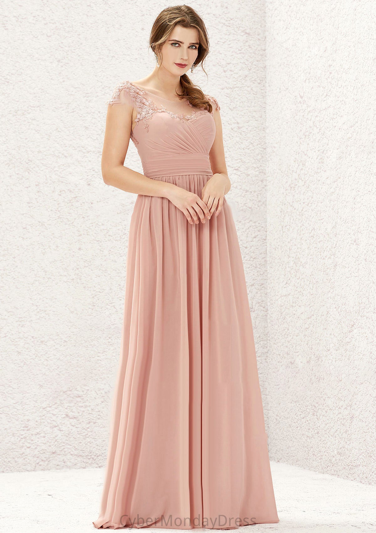 A-line Illusion Neck Sleeveless Chiffon Long/Floor-Length Bridesmaid Dresses With Appliqued Pleated Karly DTP0025636