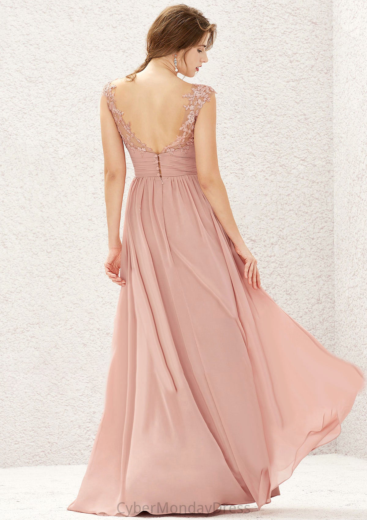 A-line Illusion Neck Sleeveless Chiffon Long/Floor-Length Bridesmaid Dresses With Appliqued Pleated Karly DTP0025636