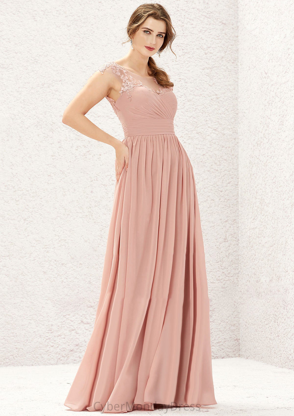 A-line Illusion Neck Sleeveless Chiffon Long/Floor-Length Bridesmaid Dresses With Appliqued Pleated Karly DTP0025636