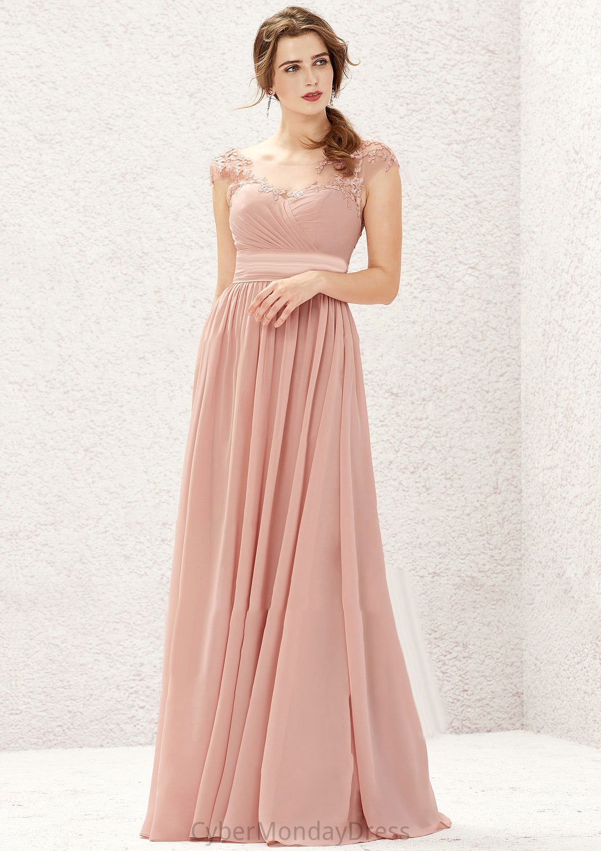 A-line Illusion Neck Sleeveless Chiffon Long/Floor-Length Bridesmaid Dresses With Appliqued Pleated Karly DTP0025636