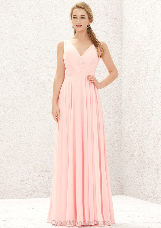 A-line V Neck Sleeveless Chiffon Long/Floor-Length Bridesmaid Dresses With Pleated Leia DTP0025637