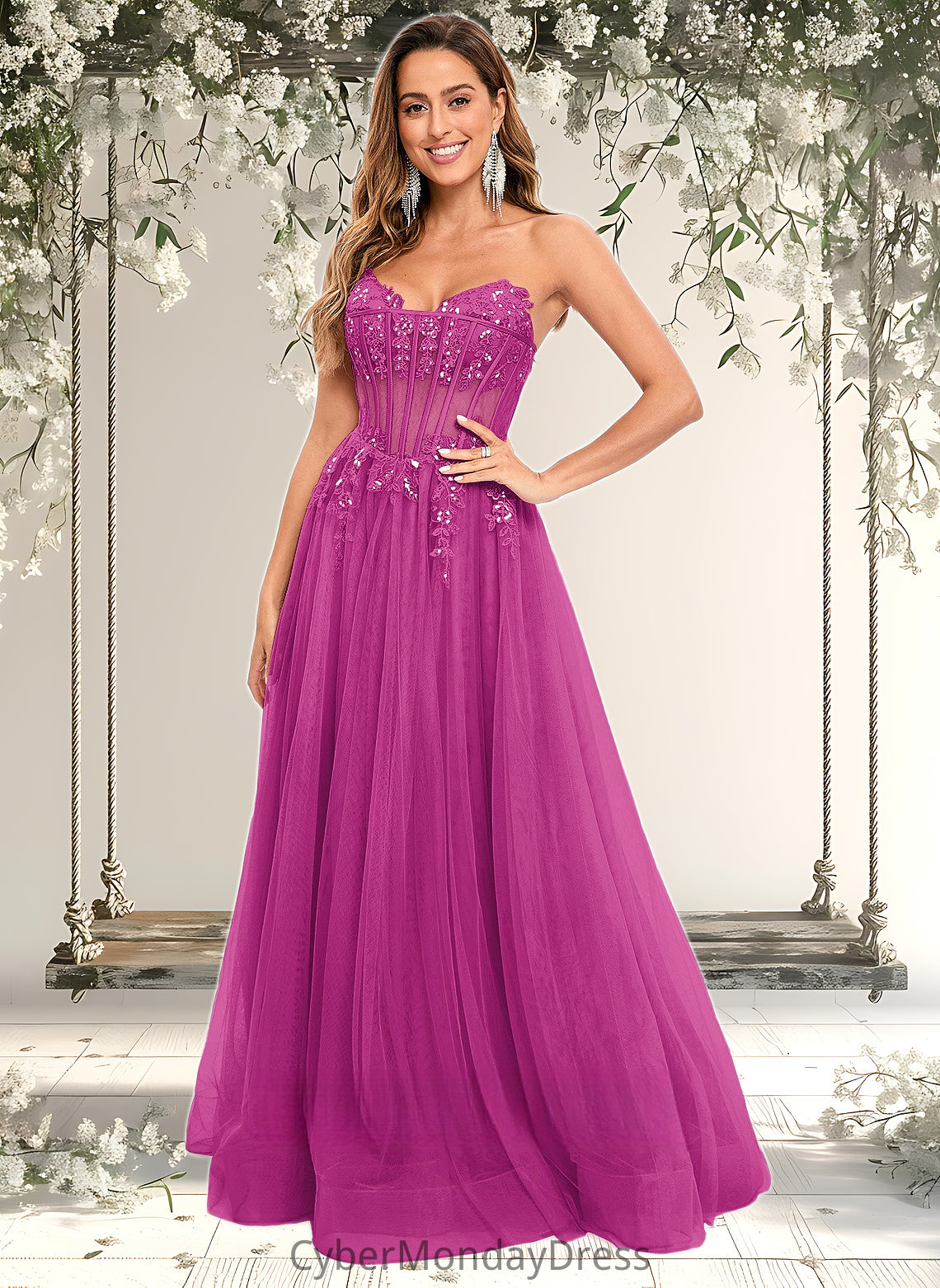 Morgan Ball-Gown/Princess V-Neck Floor-Length Tulle Prom Dresses With Sequins Appliques Lace DTP0025837