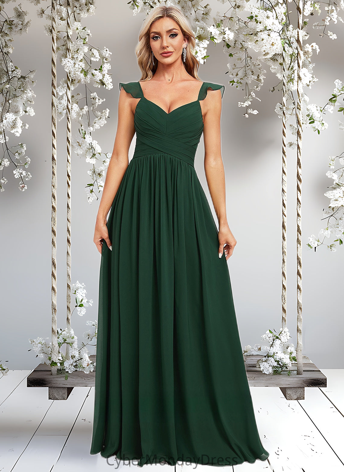 Hope A-line V-Neck Floor-Length Chiffon Bridesmaid Dress With Ruffle DTP0025811