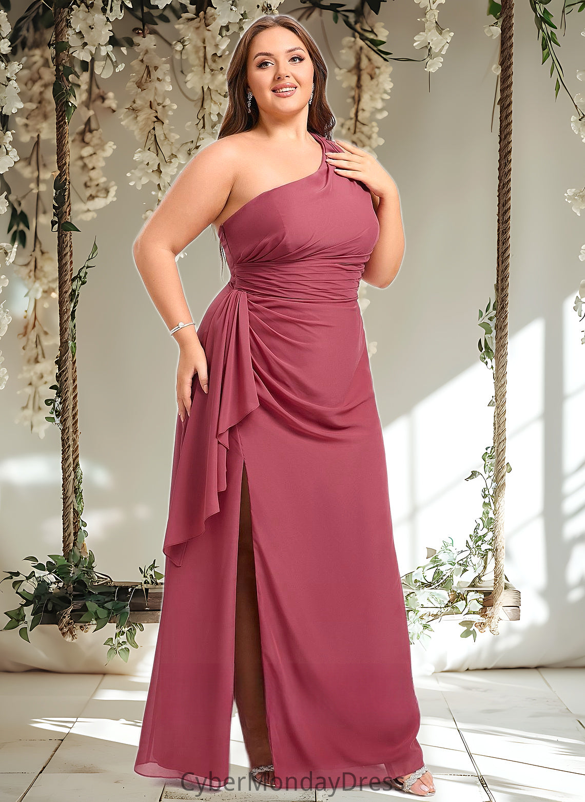 Vicky A-line One Shoulder Floor-Length Chiffon Bridesmaid Dress With Ruffle DTP0025824