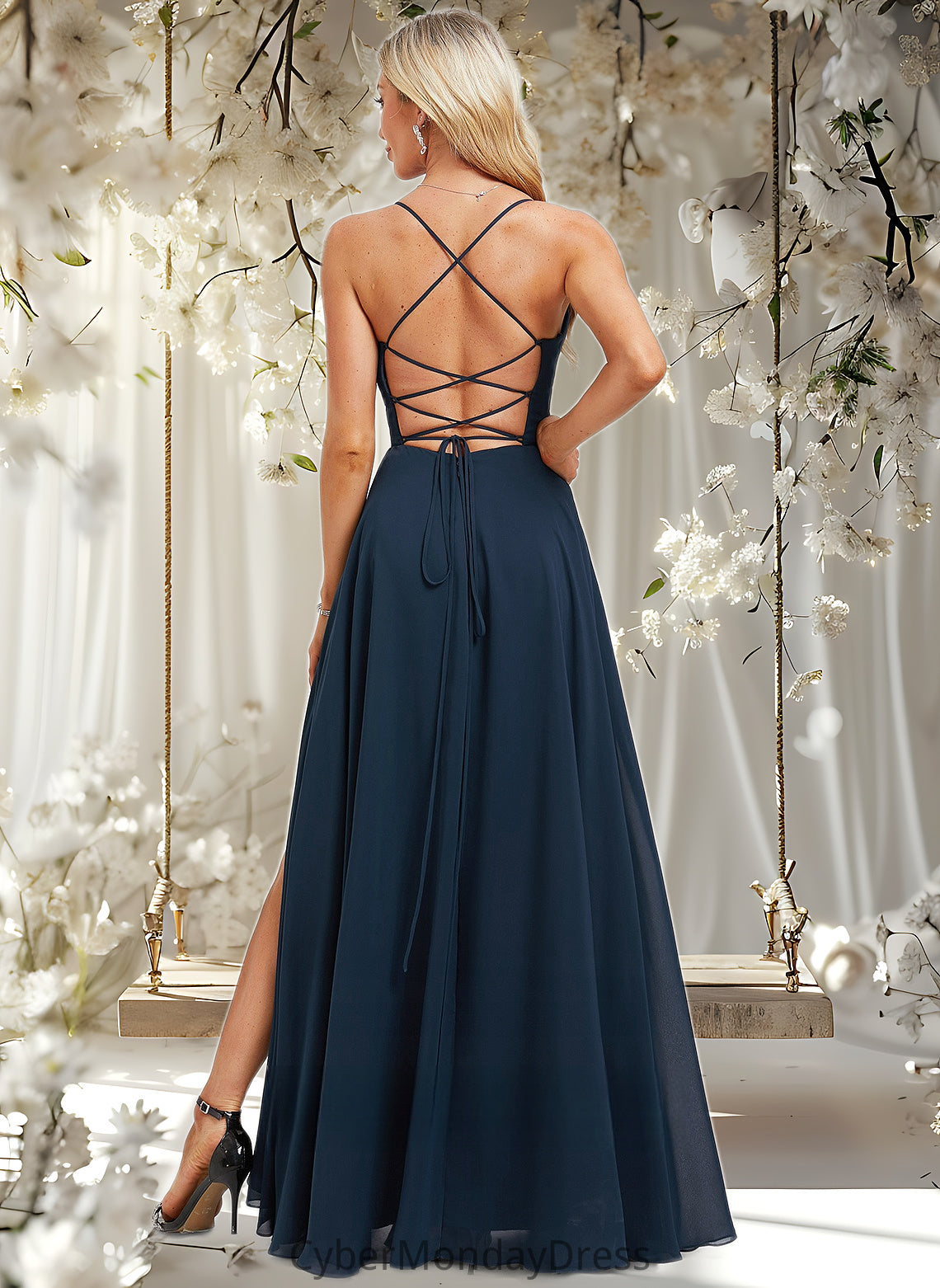 Layla A-line V-Neck Floor-Length Chiffon Prom Dresses With Pleated DTP0025830