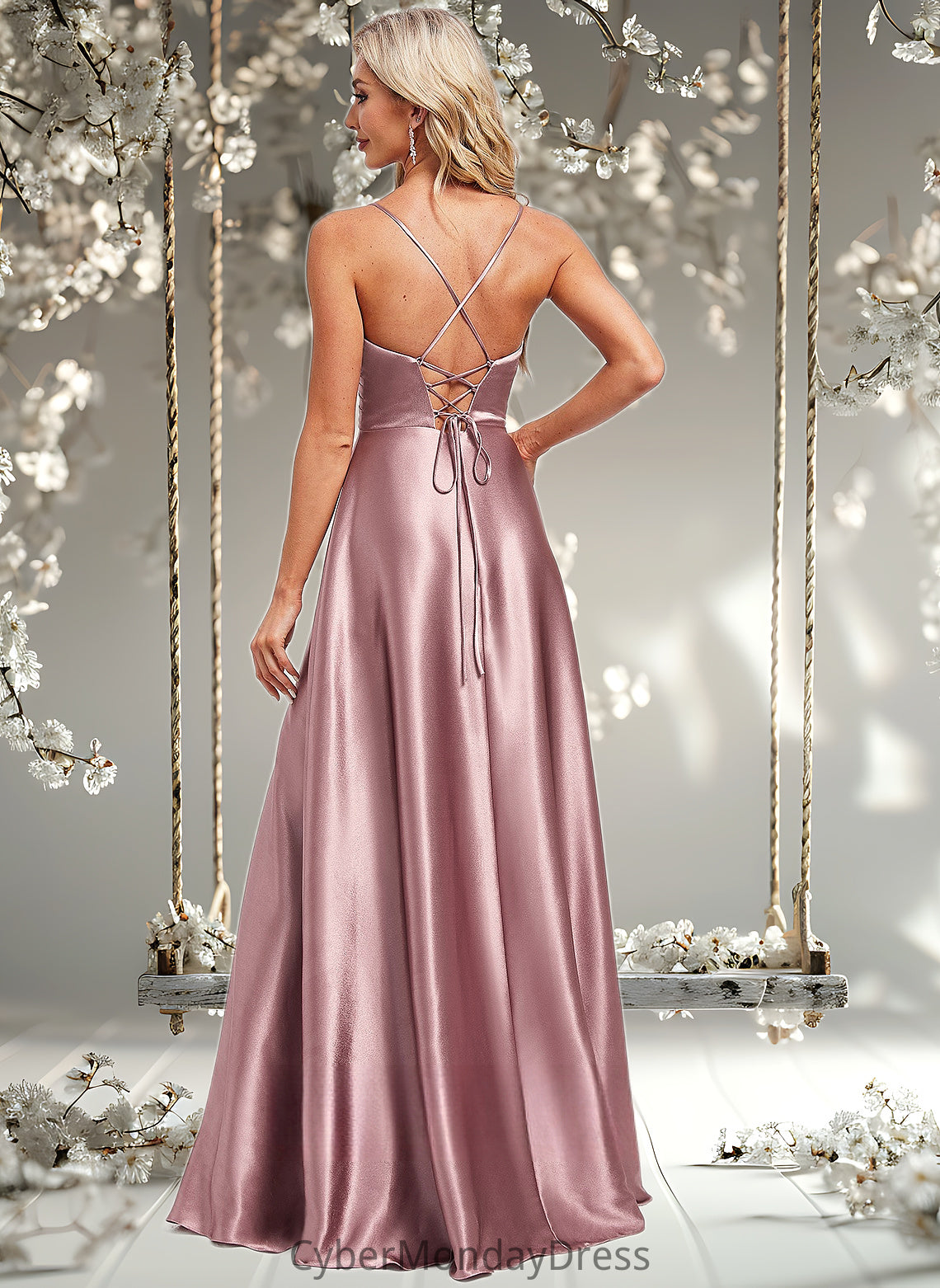 Skylar A-line V-Neck Floor-Length Stretch Satin Bridesmaid Dress DTP0025822