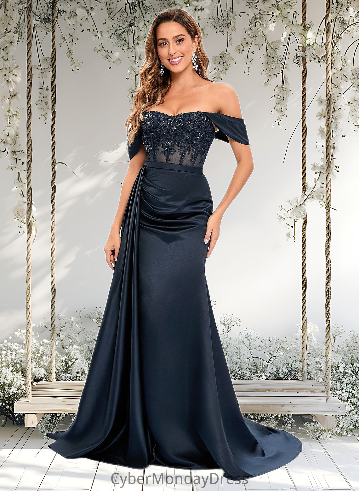 Sandy Trumpet/Mermaid Off the Shoulder Sweep Train Satin Prom Dresses With Sequins Appliques Lace DTP0025835