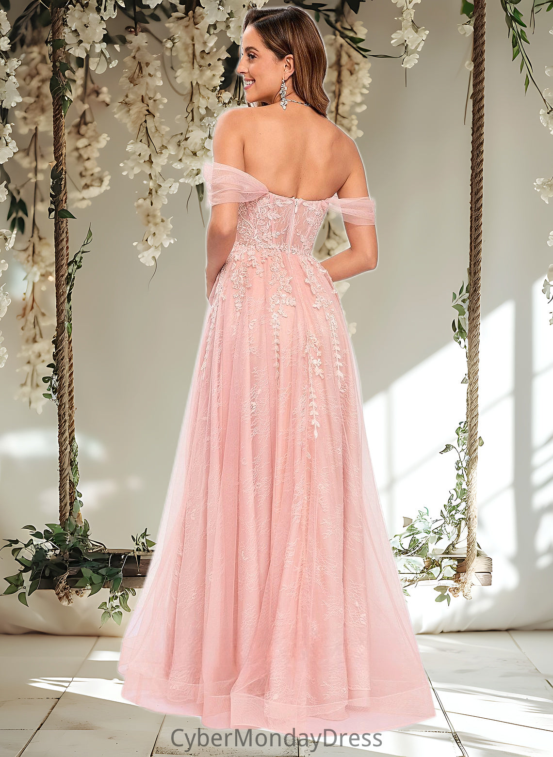 Diya A-line Sweetheart Off the Shoulder Floor-Length Tulle Floral Lace Prom Dresses With Appliques Lace DTP0025870