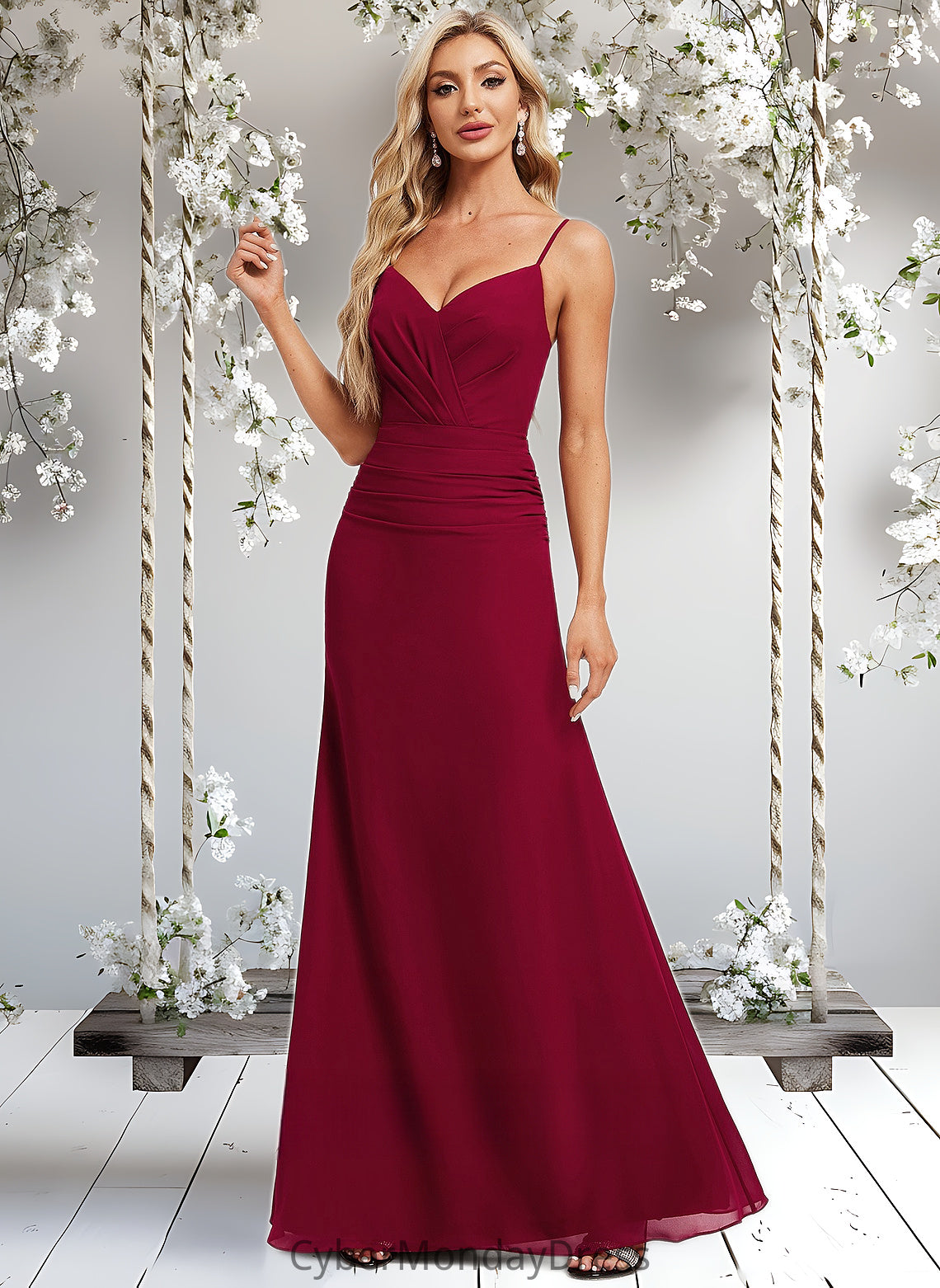 Yaretzi Trumpet/Mermaid V-Neck Floor-Length Chiffon Bridesmaid Dress DTP0025825