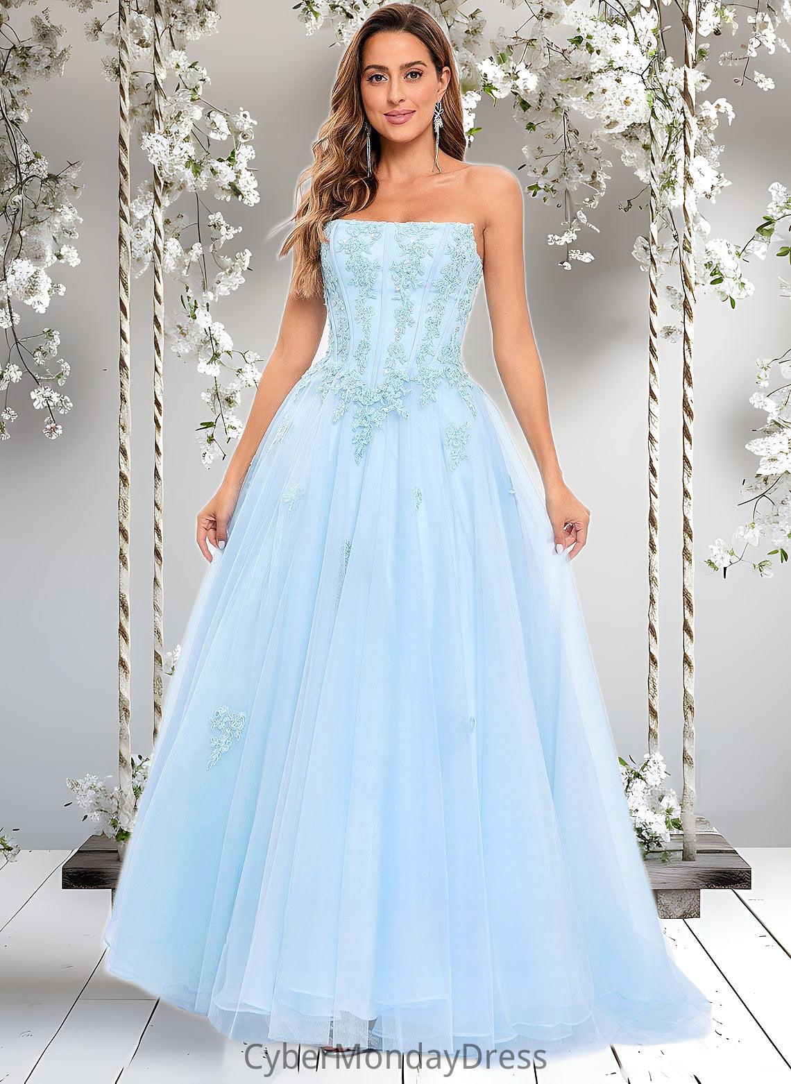 Rhianna Ball-Gown/Princess Straight Sweep Train Tulle Prom Dresses With Sequins Appliques Lace DTP0025864