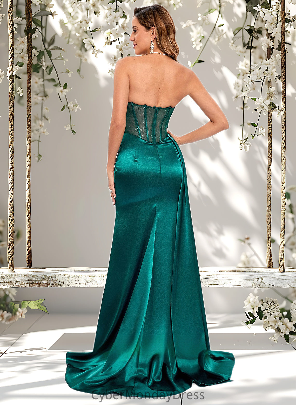 Gabriella Trumpet/Mermaid Straight Sweep Train Stretch Satin Prom Dresses With Pleated DTP0025849