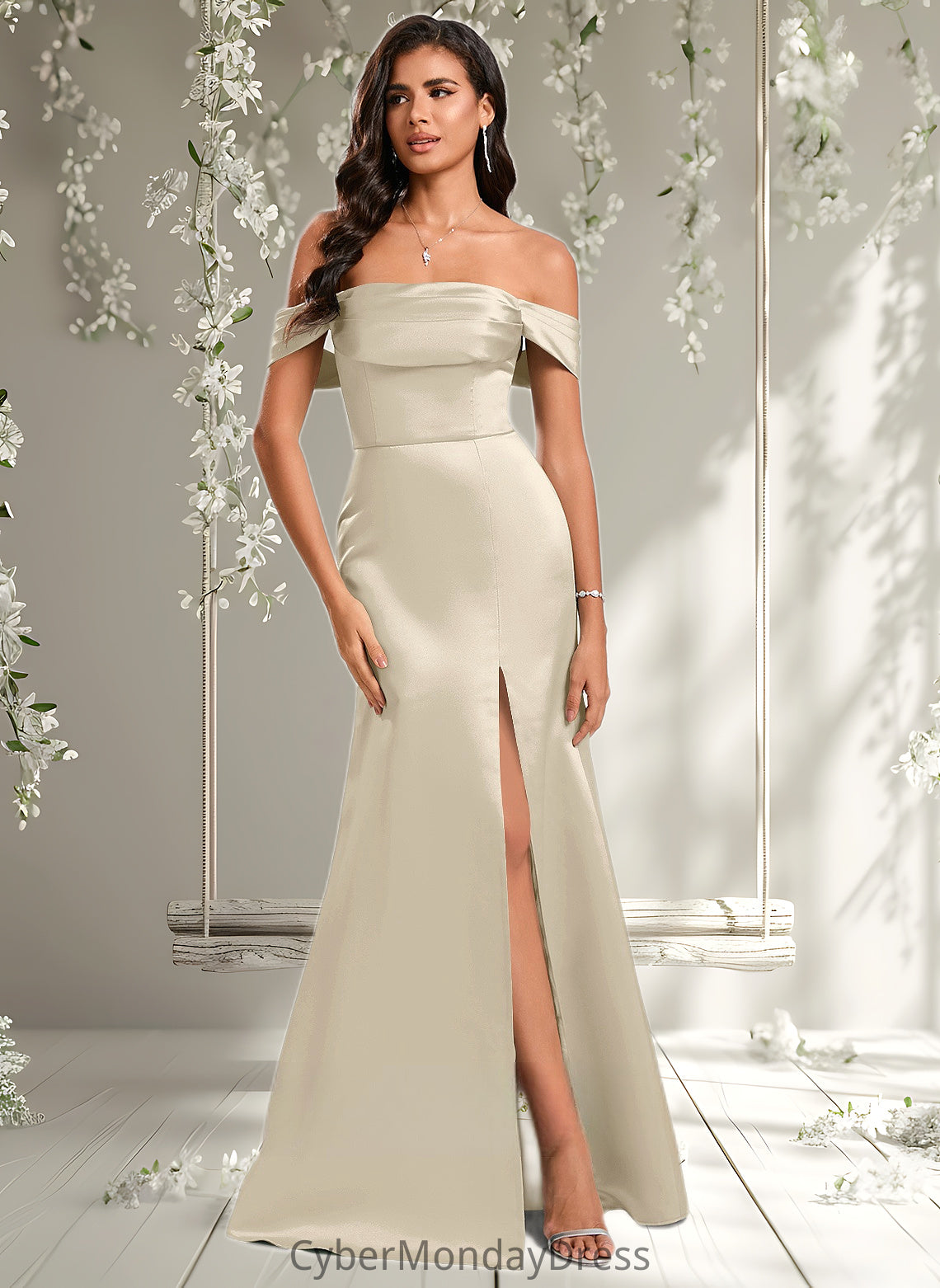 Peyton Trumpet/Mermaid Off the Shoulder Square Floor-Length Satin Prom Dresses With Ruffle DTP0025883