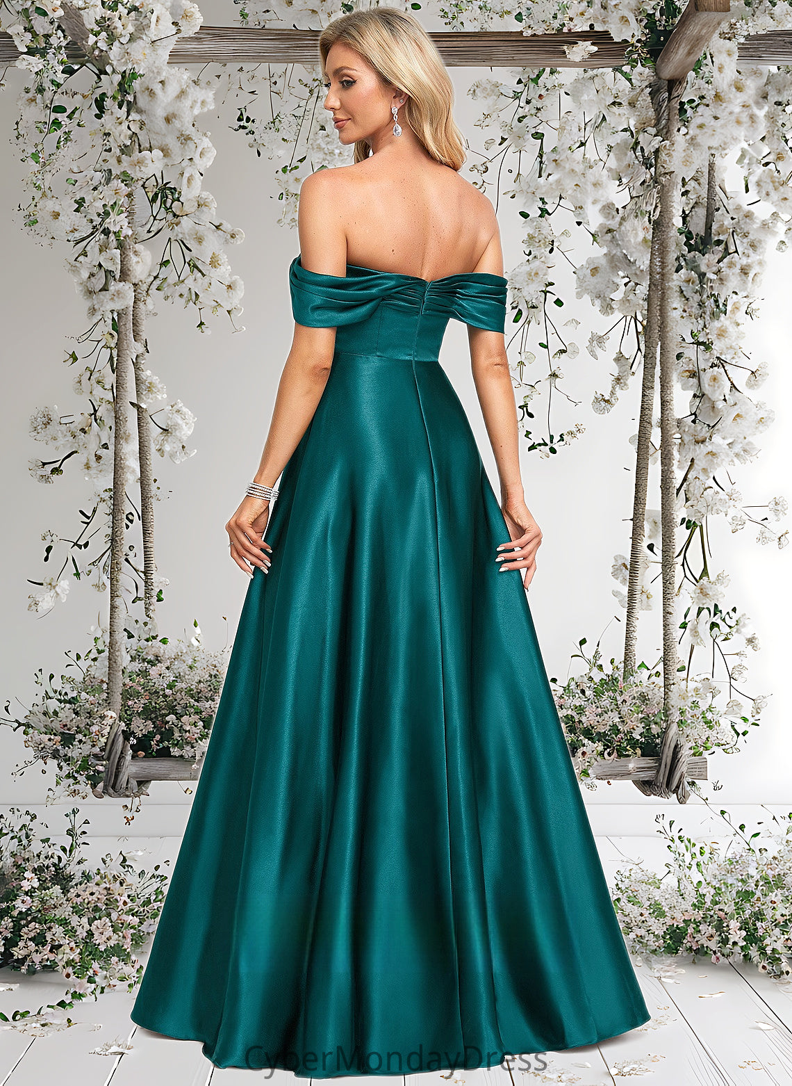 Joslyn A-line Off the Shoulder Floor-Length Stretch Satin Prom Dresses DTP0025879