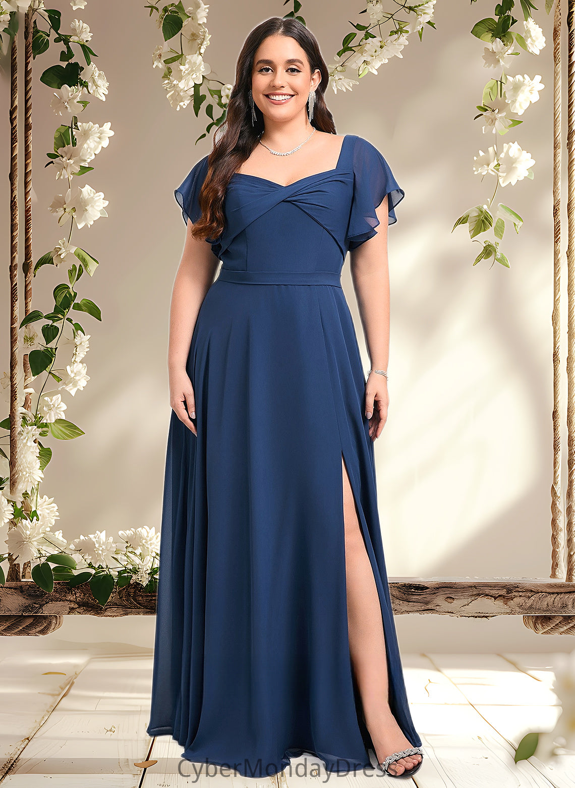 Carmen A-line V-Neck Floor-Length Chiffon Bridesmaid Dress With Ruffle DTP0025802