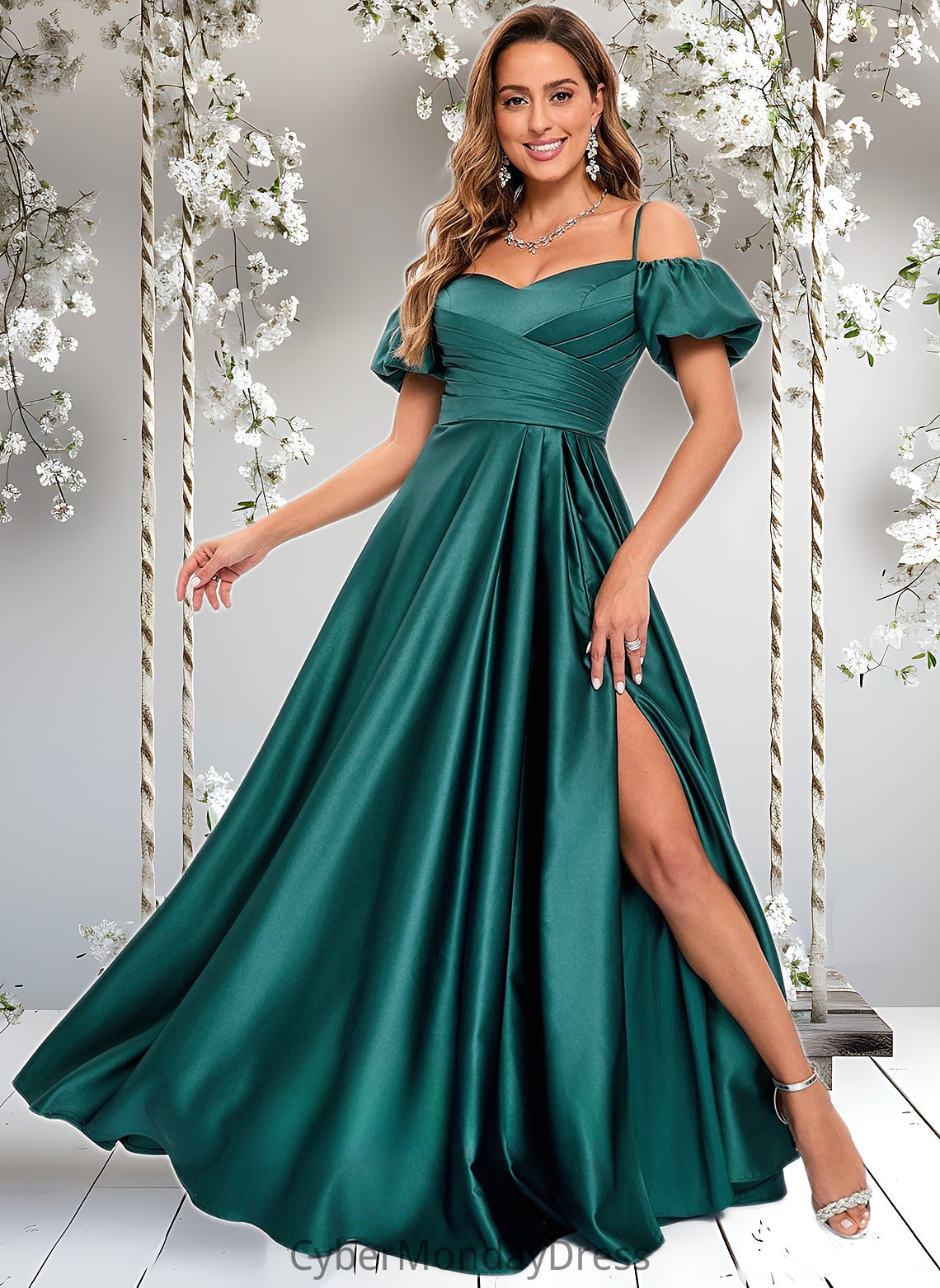 Isabela A-line Off the Shoulder Sweetheart Floor-Length Satin Prom Dresses DTP0025852