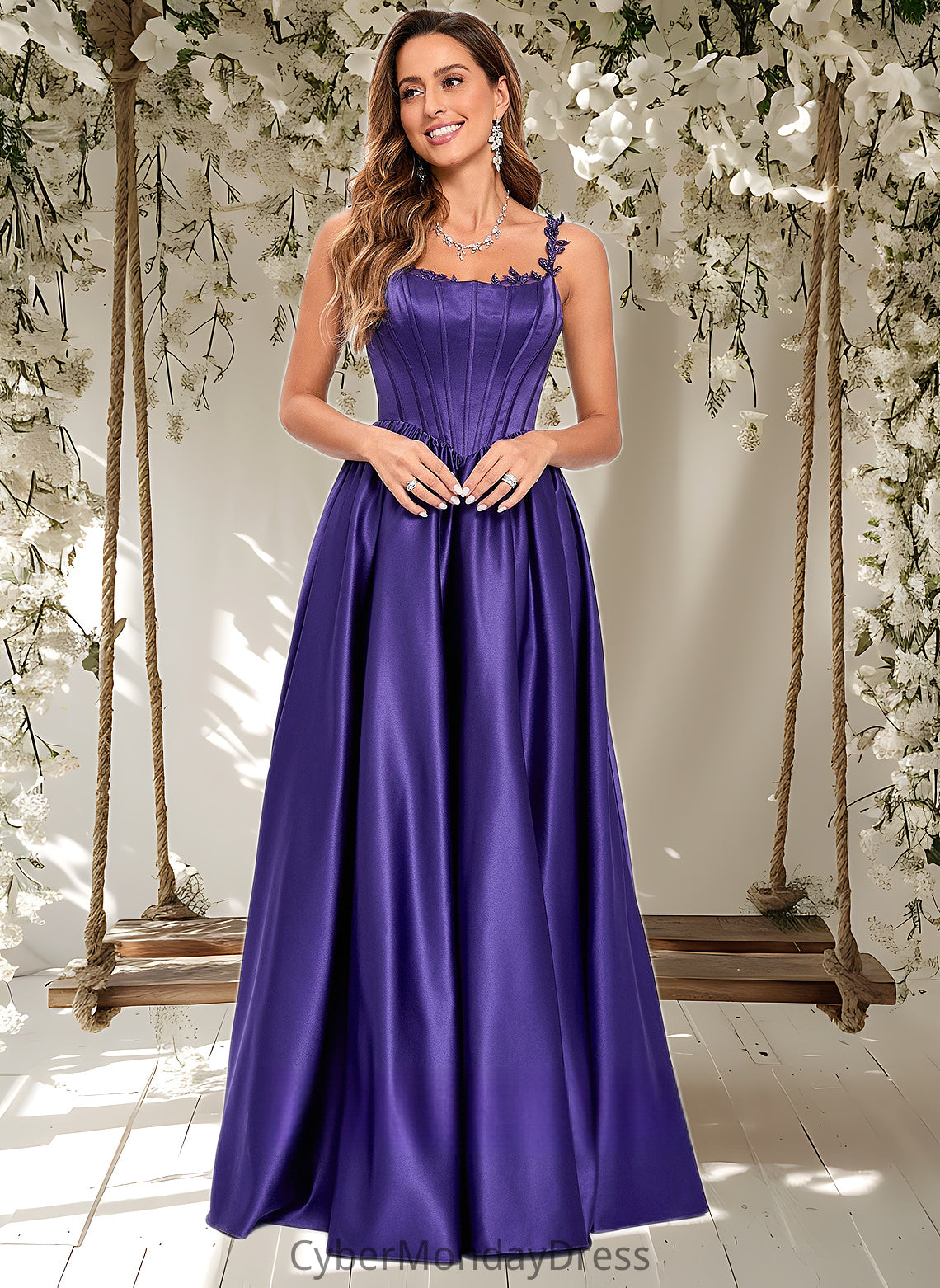 Minnie Ball-Gown/Princess Scoop Floor-Length Satin Prom Dresses With Appliques Lace Beading DTP0025865